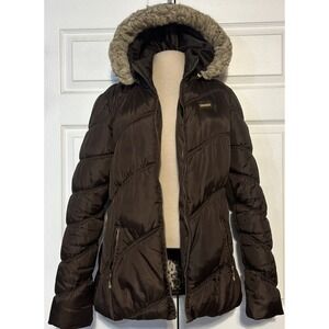 Vtg Apple Bottoms Brown Puffer Hooded Coat Faux Fur Trim Y2K Women's Medium READ